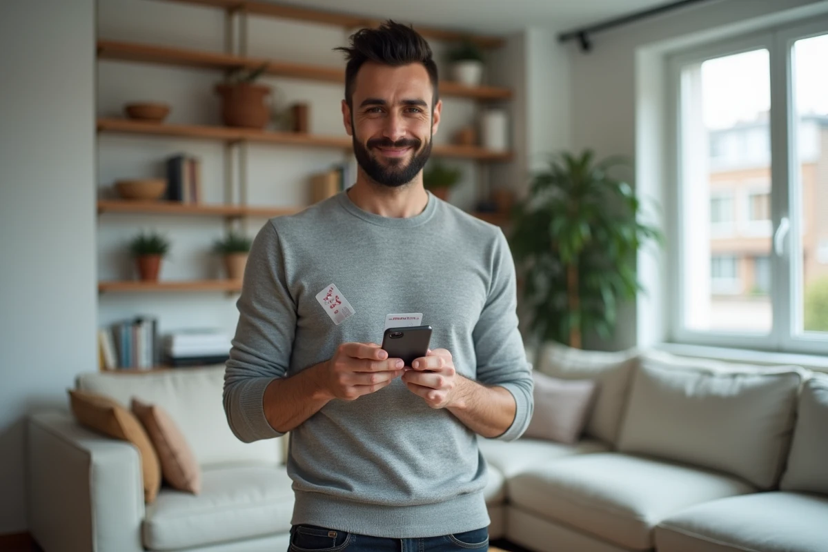 Jeune homme achetant des vêtements en promotion sur une application de mode en ligne depuis son appartement