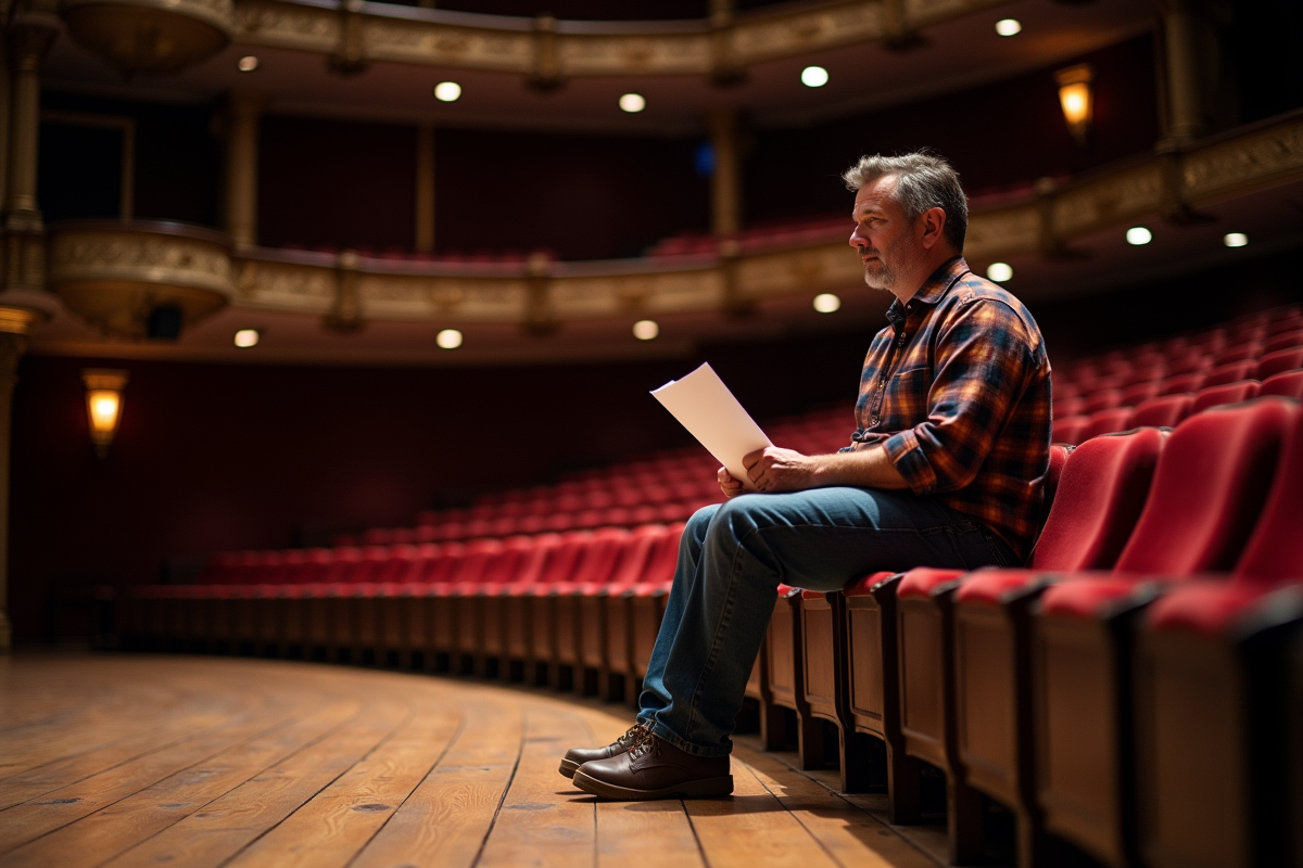 Acteur de theatre assis sur la scene vide regardant vers le public