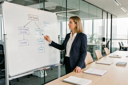 Femme d'affaires expliquant la différence entre activités principales et secondaires d'une entreprise sur un tableau blanc en salle de réunion