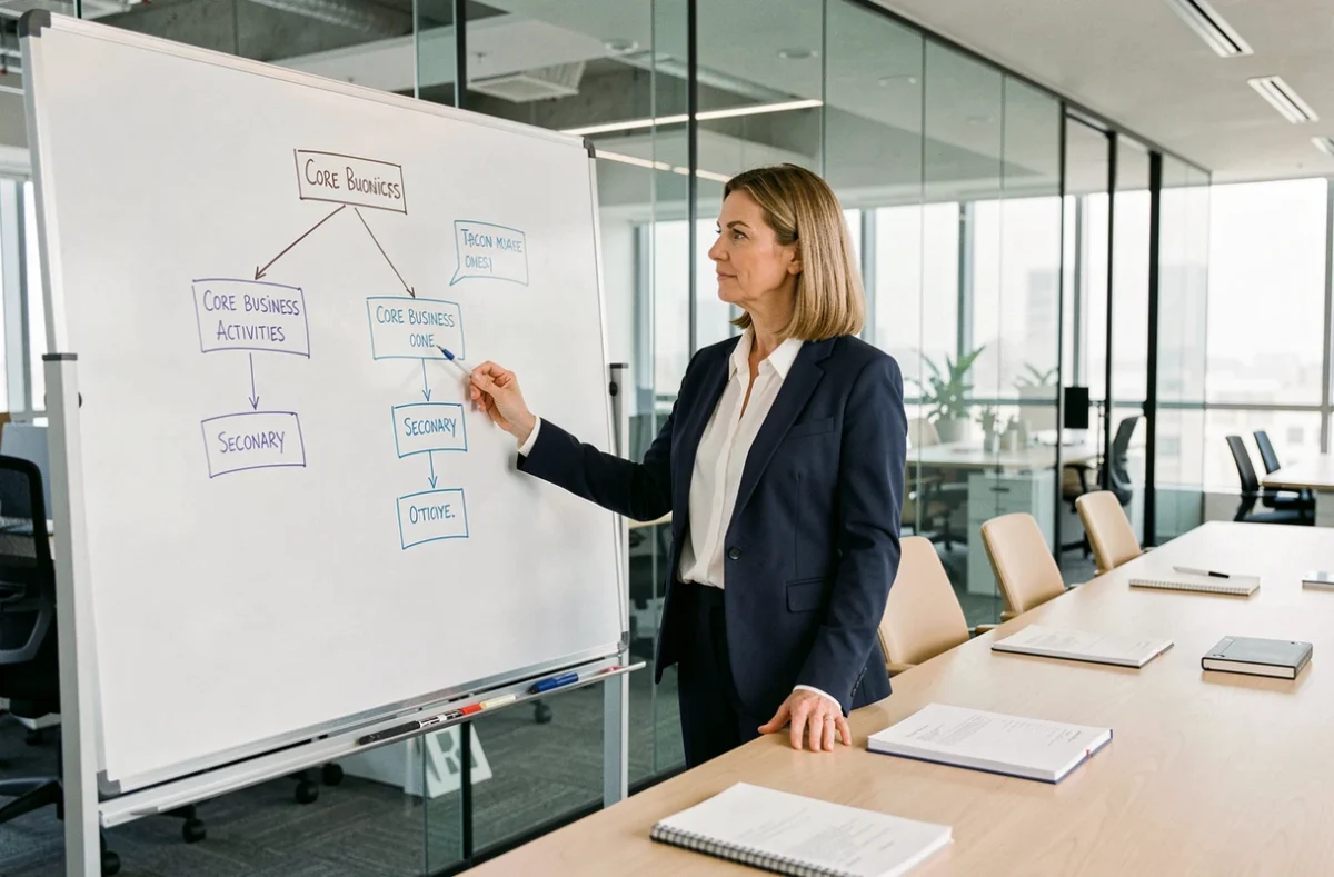 Femme d'affaires expliquant la différence entre activités principales et secondaires d'une entreprise sur un tableau blanc en salle de réunion