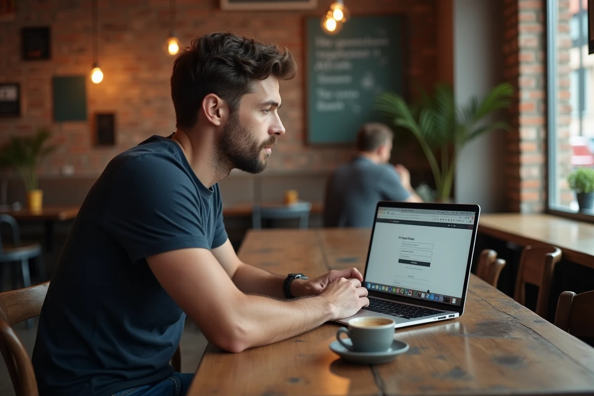 Homme consultant une plateforme d'affiliation Conversant depuis un café avec un ordinateur portable et sans investissement initial