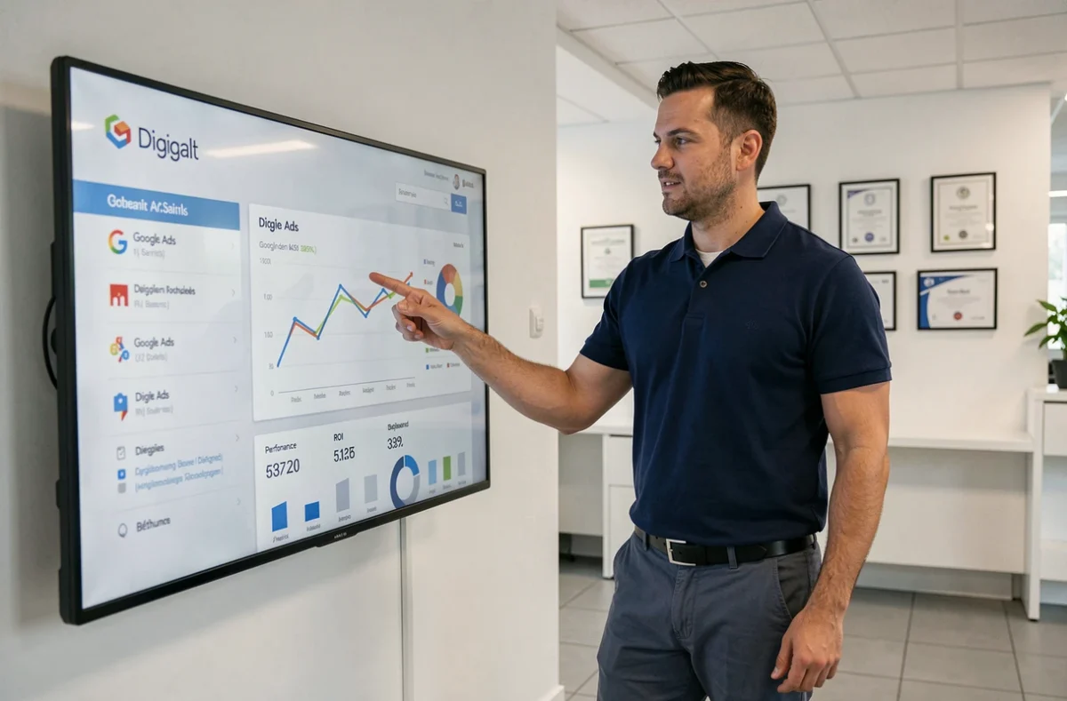 Consultant de l'agence Digigalt présentant des résultats Google Ads sur un écran interactif à Béthune