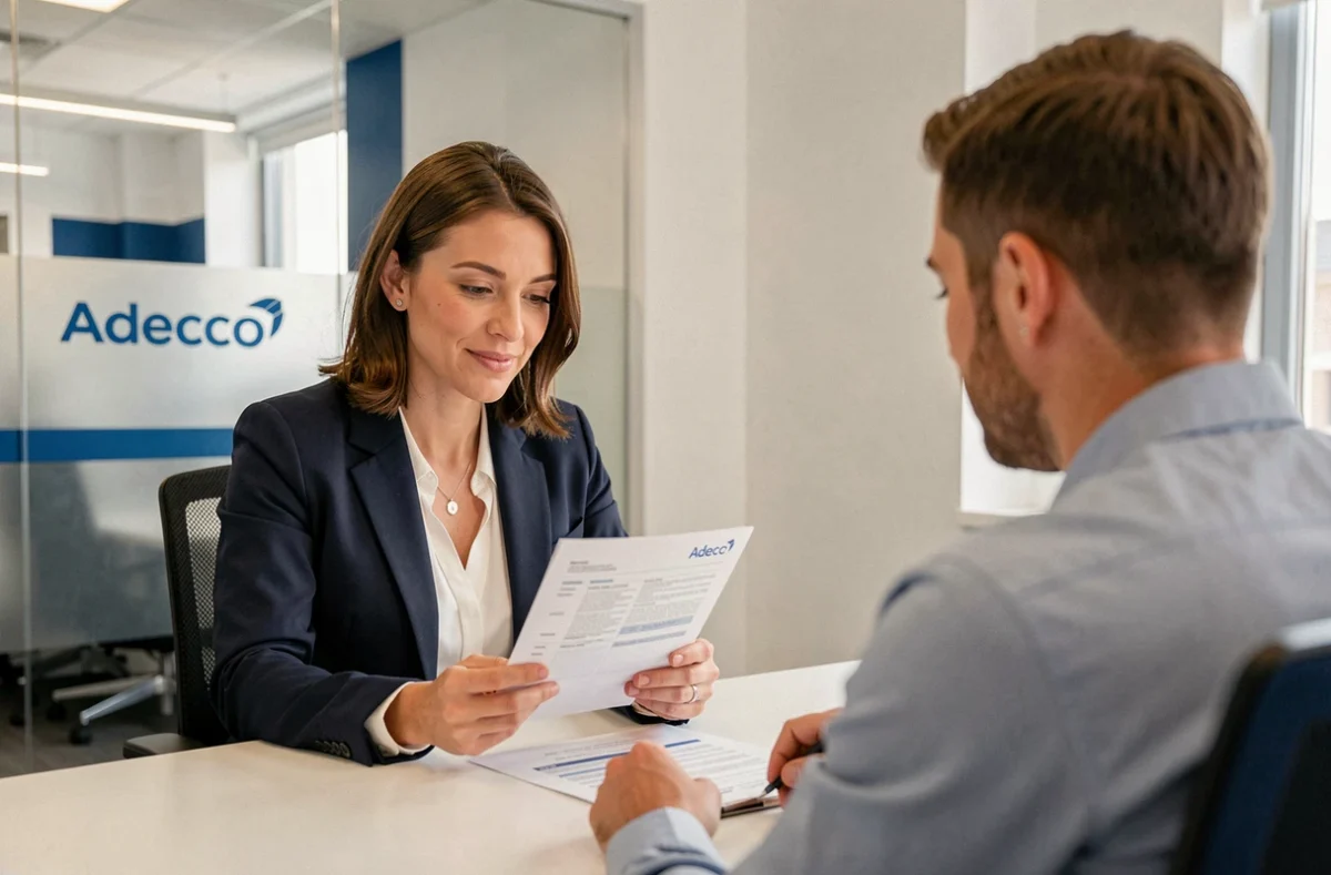 Consultante Adecco en entretien de recrutement avec un candidat dans les bureaux de l'agence