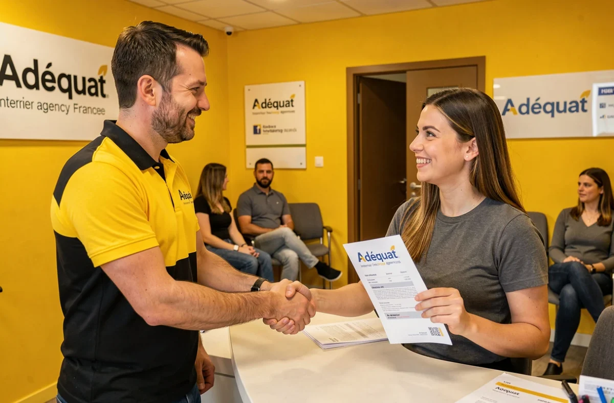 Recruteur Adéquat accueillant une candidate avec une poignée de main dans l'agence d'intérim