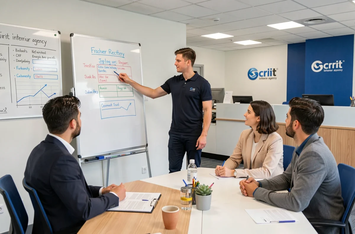 Recruteur Crit présentant des offres d'emploi sur un tableau blanc à des candidats en agence