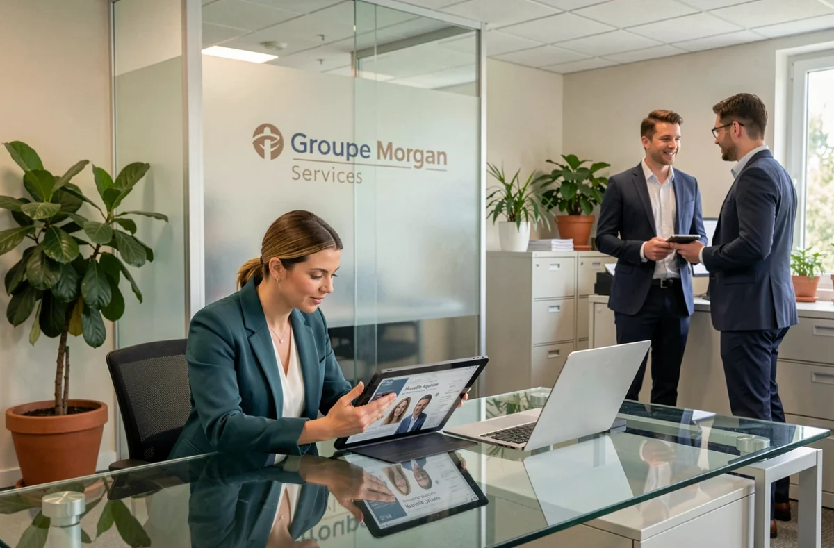 Responsable recrutement du Groupe Morgan Services consultant des profils candidats sur tablette dans l'agence