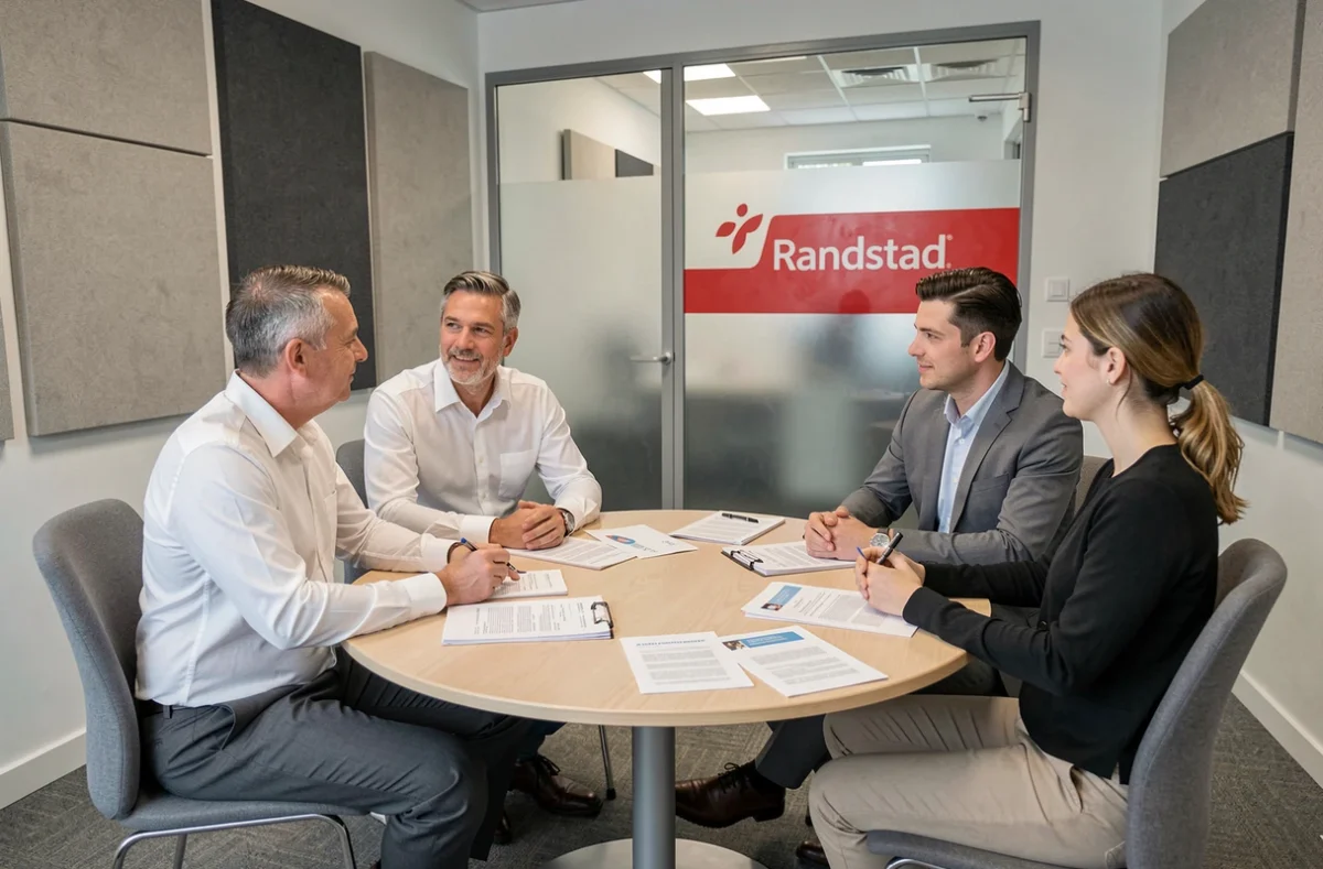 Consultant Randstad en réunion avec des candidats autour d'une table dans l'agence d'intérim