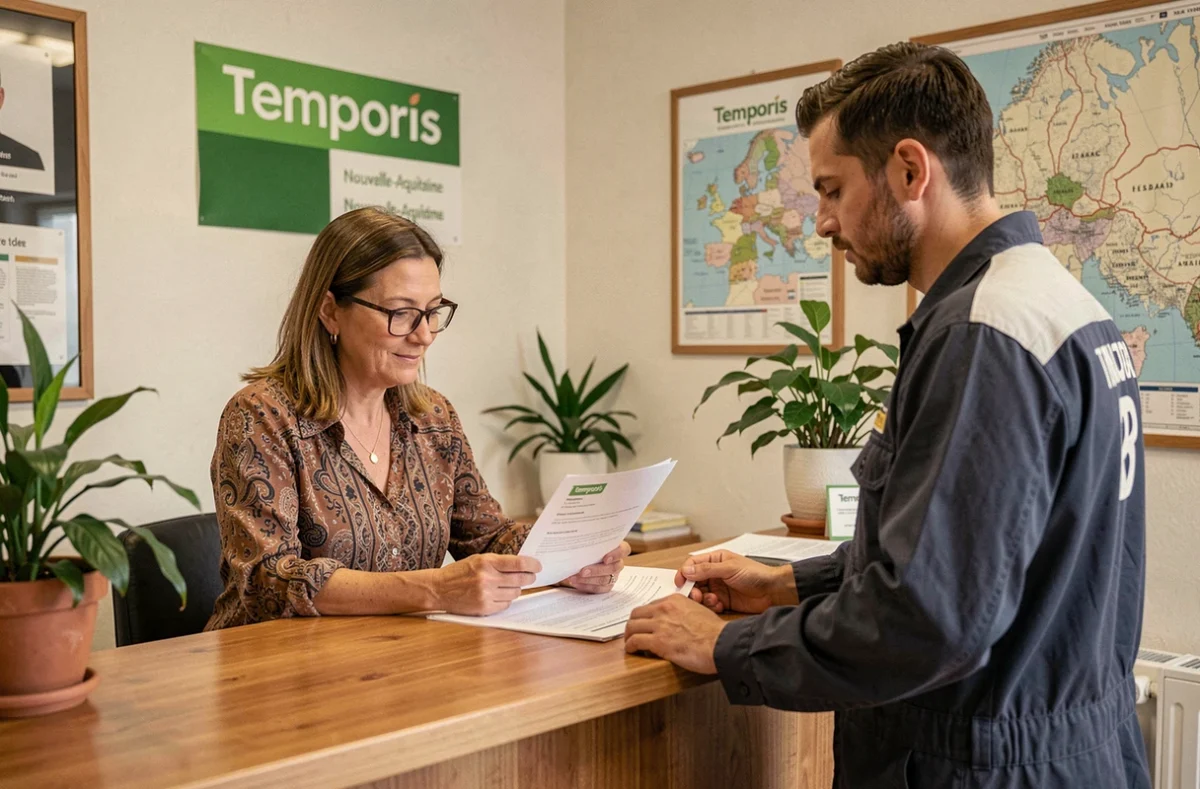Responsable d'agence Temporis en discussion contractuelle avec un candidat dans une agence franchisée en Nouvelle-Aquitaine