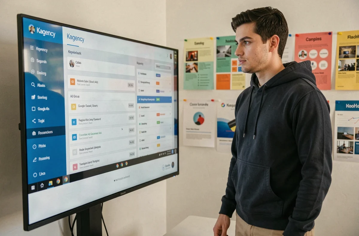 Spécialiste Google Ads de l'agence Kagency devant un tableau de bord de campagne à Calais