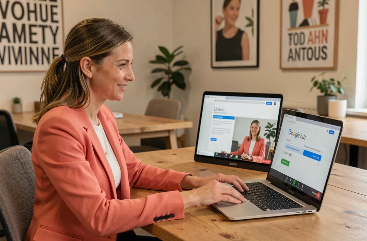 Chargée de compte de l'agence Linkeo en visioconférence sur une proposition Google Ads