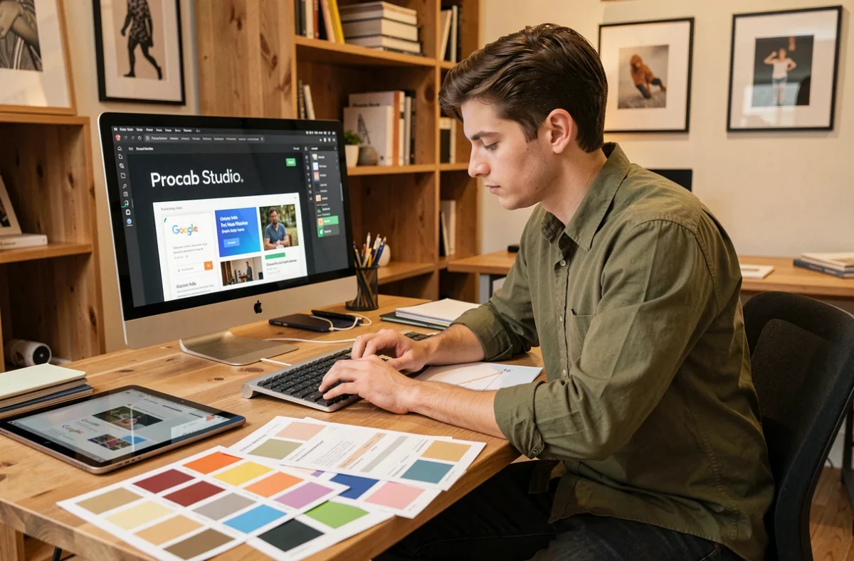 Designer de l'agence Procab Studio créant des visuels pour des campagnes Google Ads