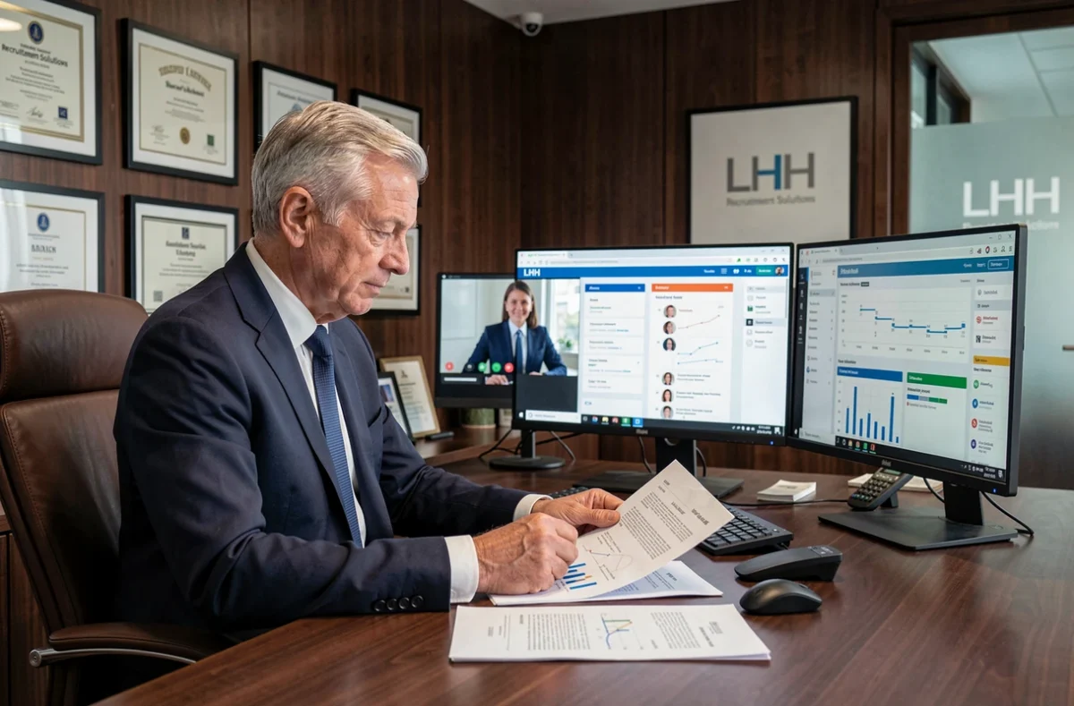 Directeur de recrutement LHH Recruitment Solutions en visioconférence avec un cadre dirigeant depuis son bureau exécutif