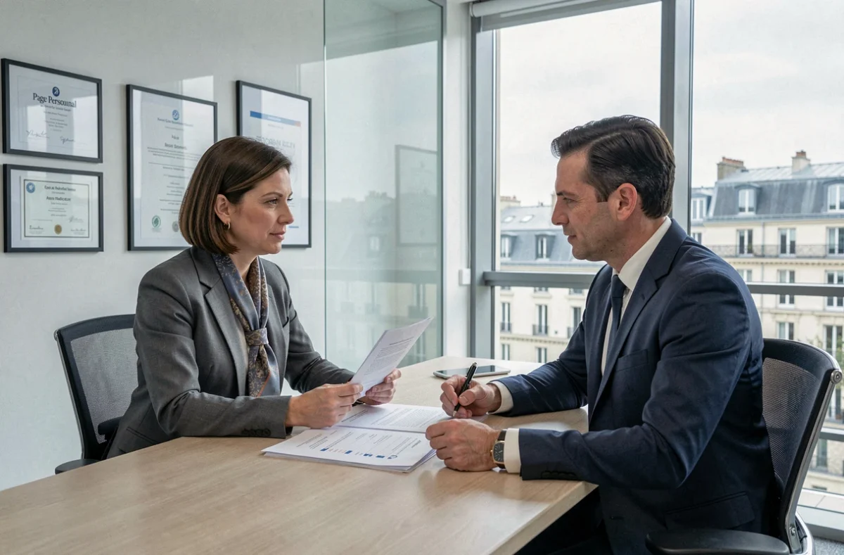 Consultante Page Personnel en entretien de recrutement cadre avec un profil exécutif dans un bureau vitré à Bordeaux