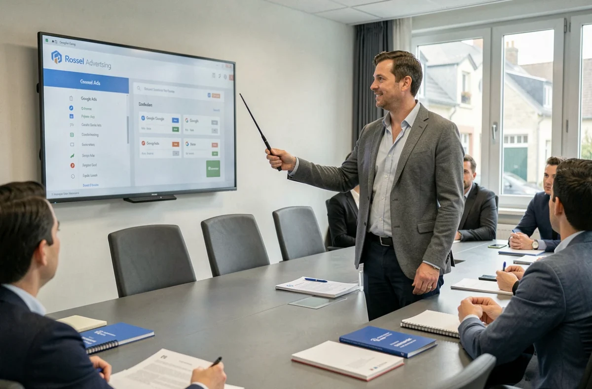 Consultant de Rossel Advertising présentant un rapport Google Ads en salle de réunion
