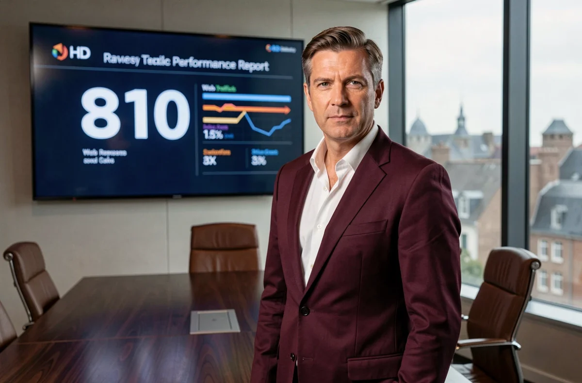 Directeur de l'agence 810 présentant un rapport de performance SEO dans une salle de réunion executive avec vue sur une ville normande