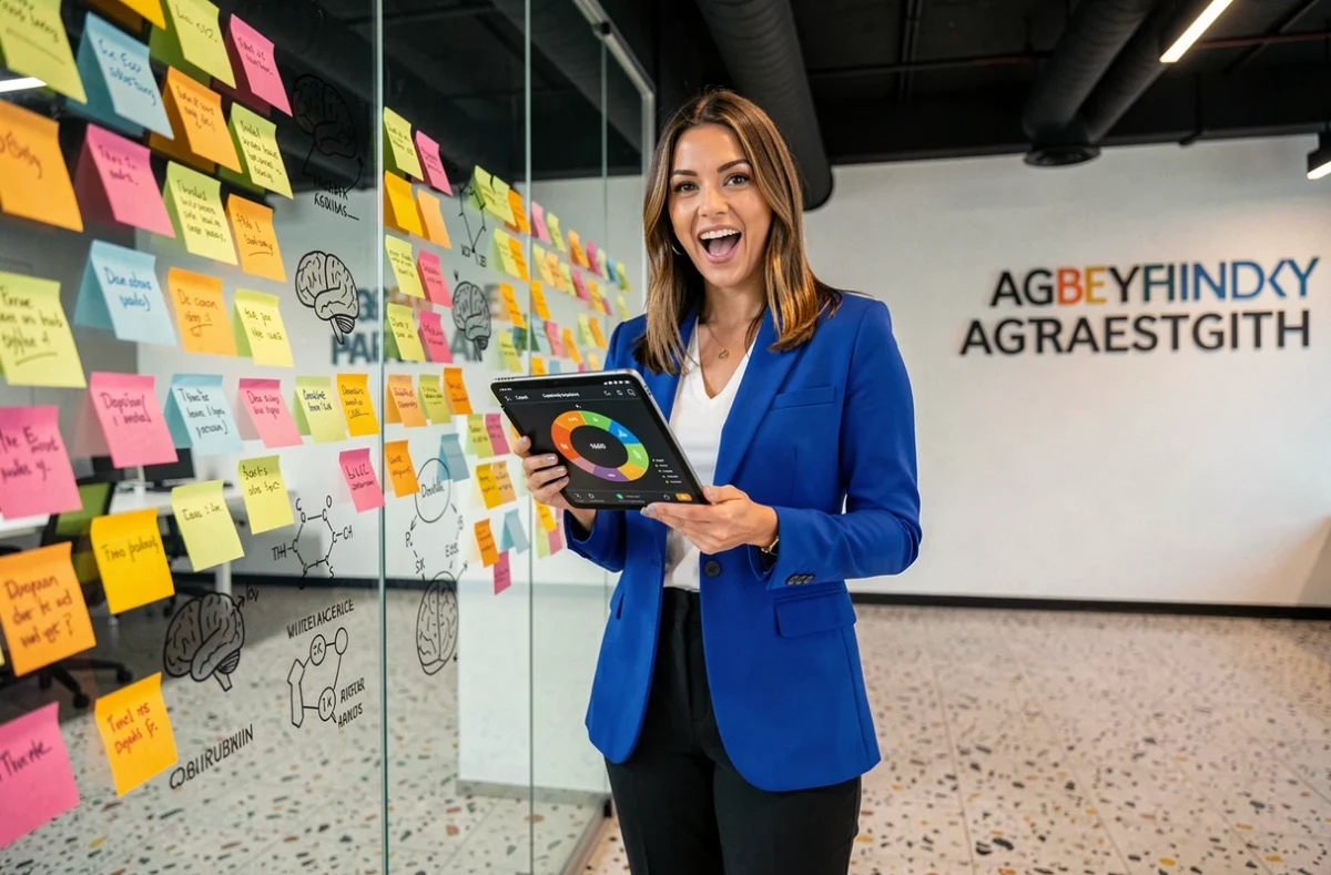 Stratège digitale de l'agence Dopamine 360 présentant une analyse de campagne à 360 degrés sur une tablette dans un studio créatif coloré