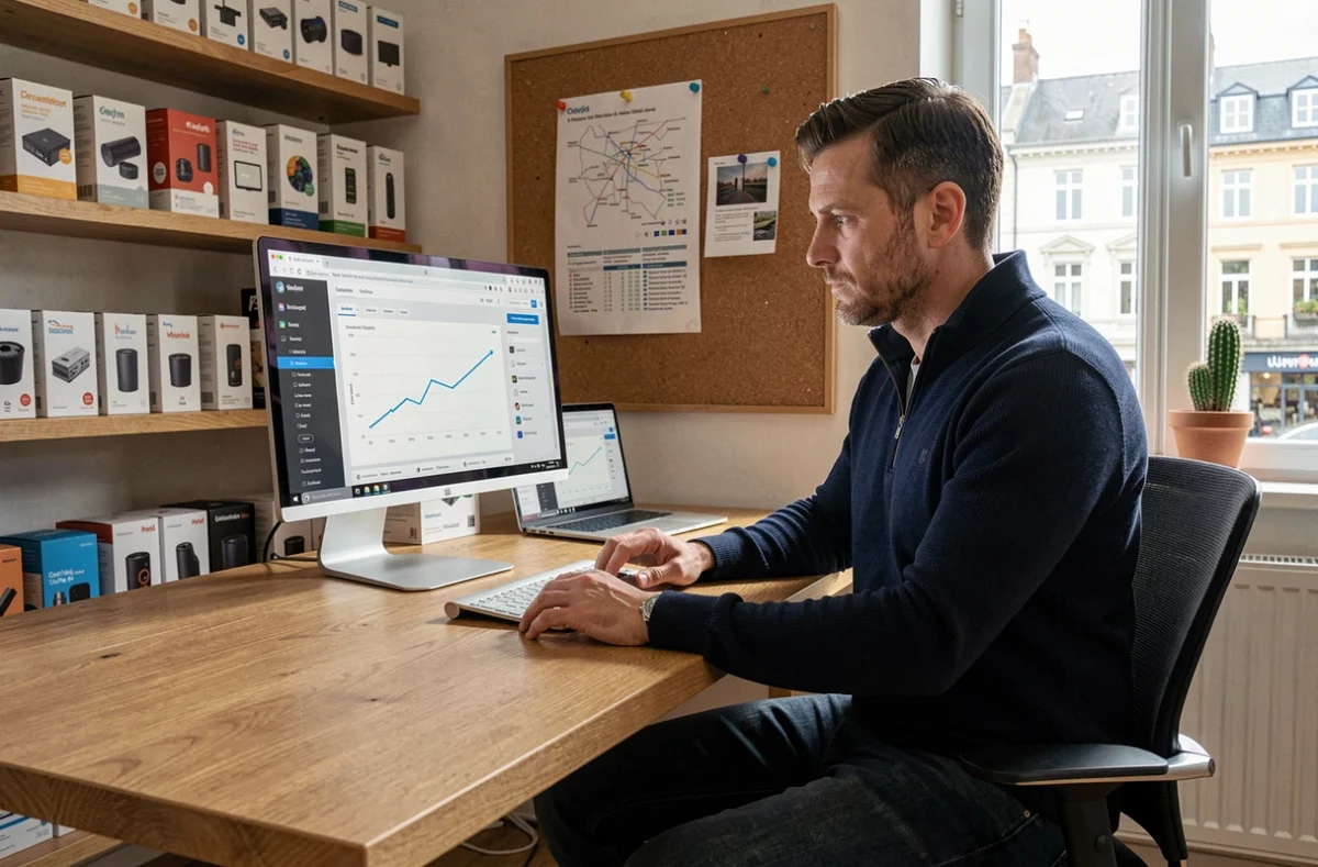 Spécialiste SEO e-commerce de l'agence ECOMIZ analysant des pages produits et des taux de conversion sur un écran dans un bureau normand