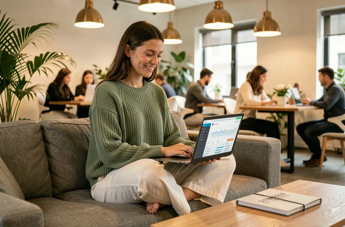 Spécialiste en croissance digitale de l'agence Jloo travaillant sur un tableau de bord SEO depuis un canapé dans un espace de coworking végétalisé