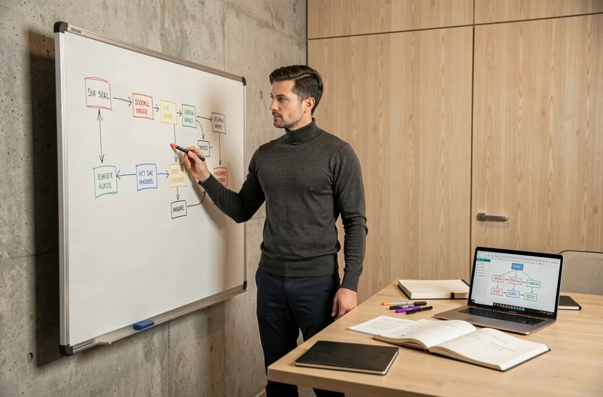 Consultant de l'agence MW-Concept dessinant une carte de parcours utilisateur sur un tableau blanc dans un studio de conception moderne