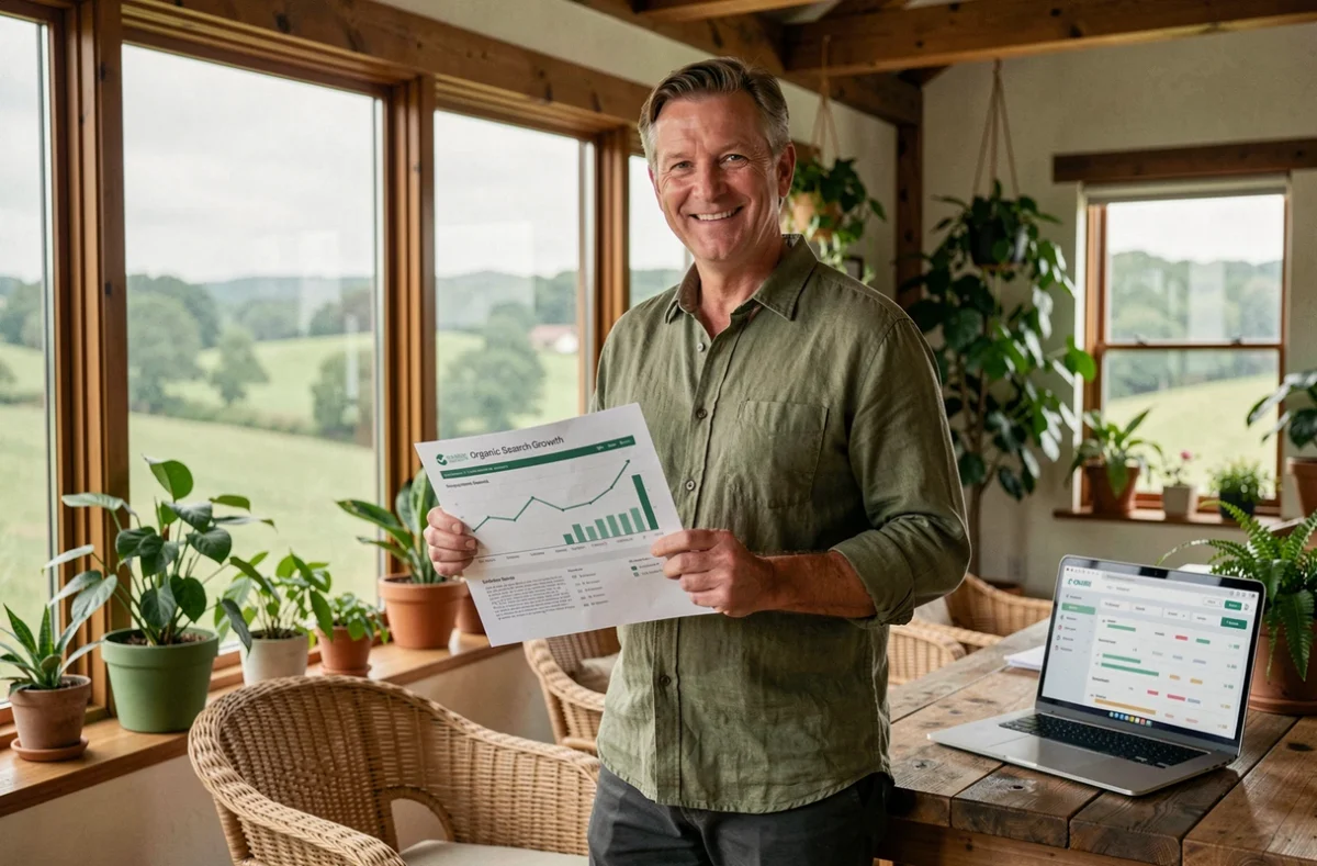 Stratège SEO senior de l'agence Natural-net tenant un rapport de croissance organique devant une fenêtre avec vue sur la campagne normande