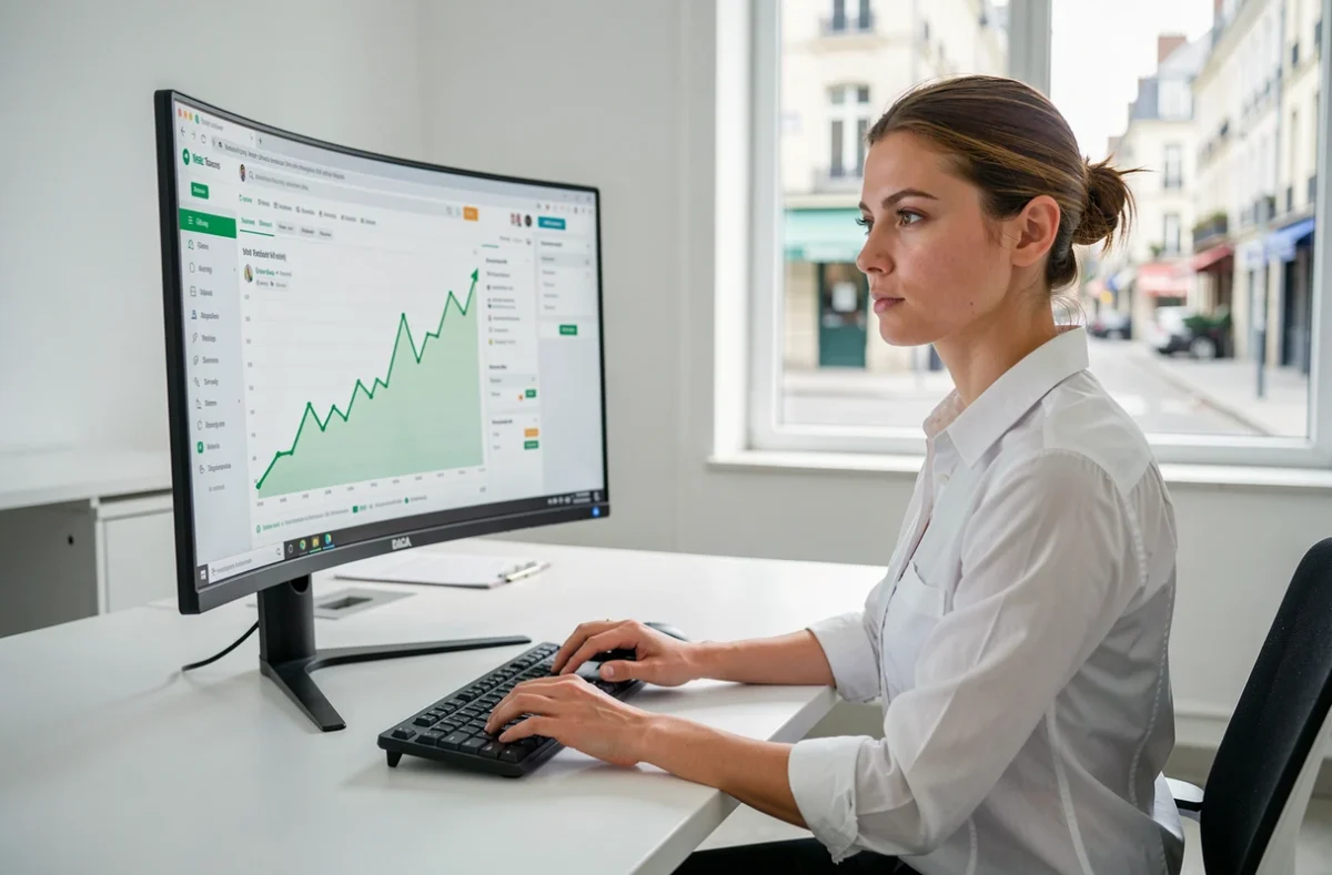 Développeuse web de l'agence Site First analysant des graphiques de positionnement SEO sur un grand écran incurvé dans un bureau blanc épuré