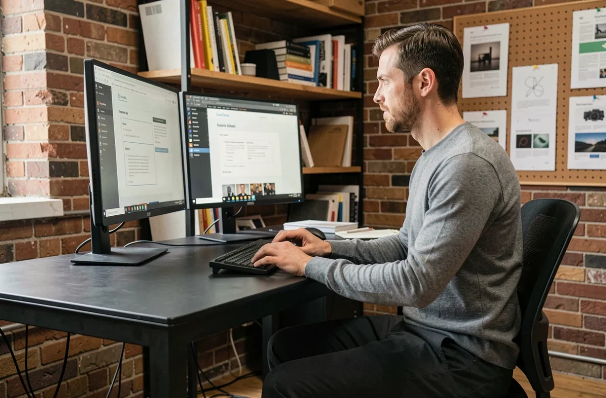 Chef de projet de l'agence Works Agency étudiant des maquettes de sites web sur deux écrans dans un espace de travail au style industriel