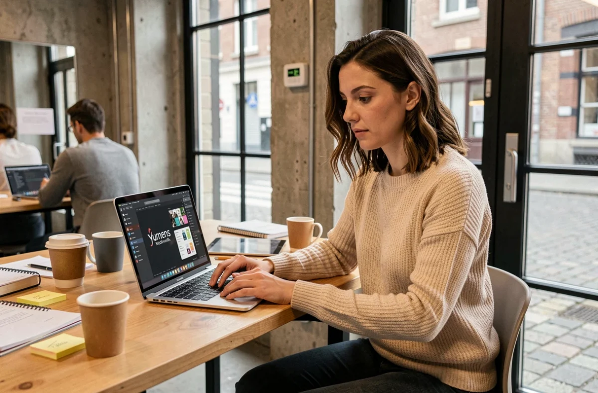 Spécialiste digitale de l'agence Yumens ex-Mediaveille travaillant sur Google Ads dans un coworking
