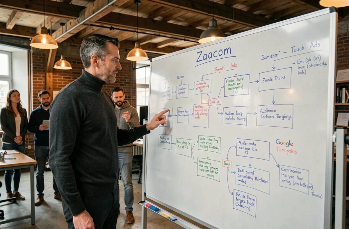 Directeur créatif de l'agence Zaacom présentant une stratégie Google Ads sur un tableau blanc