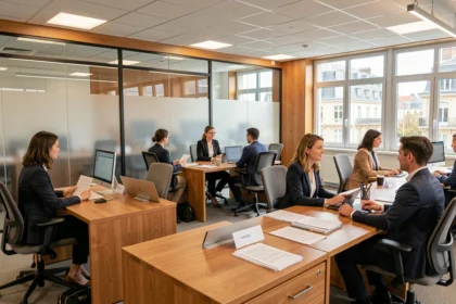Vue d'ensemble d'une agence d'intérim en Nouvelle-Aquitaine avec des recruteurs et des candidats en rendez-vous professionnel
