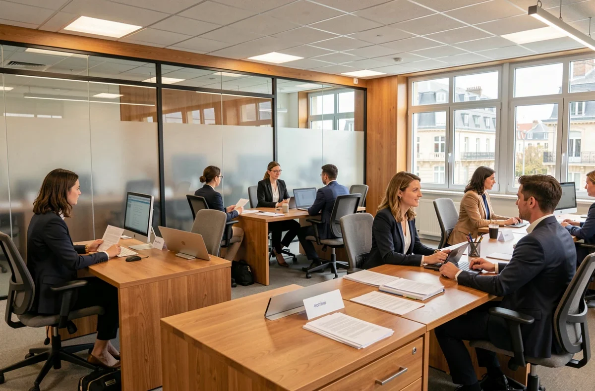 Vue d'ensemble d'une agence d'intérim en Nouvelle-Aquitaine avec des recruteurs et des candidats en rendez-vous professionnel