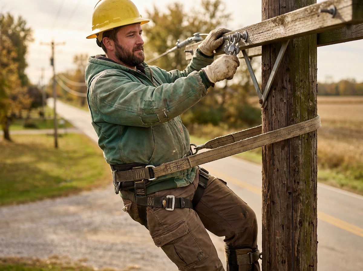 Agent de maintenance sur poteau électrique en milieu rural maintenu par une longe de maintien au poste autour du support