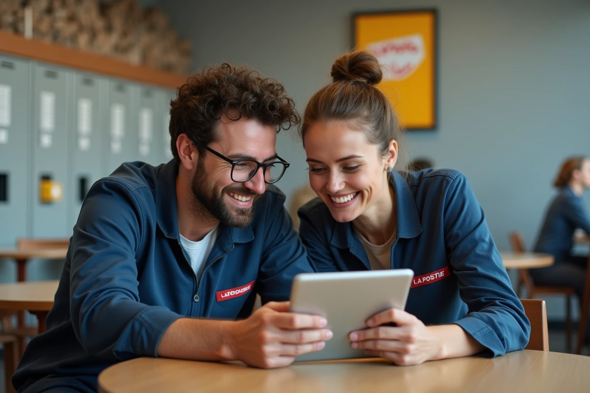 Deux agents de La Poste consultant ensemble le portail ASC et CE sur une tablette dans une salle de pause