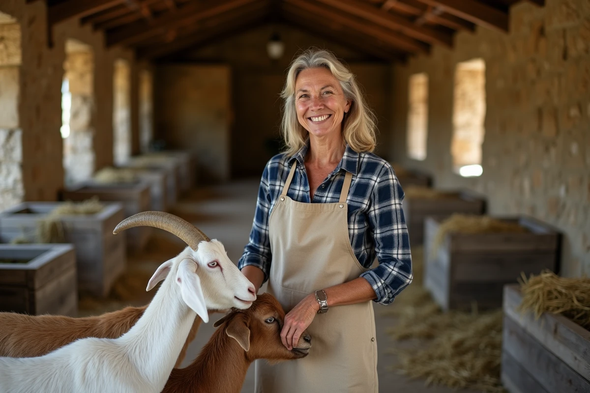Agricultrice nourrissant des chèvres dans la grange de la Ferme du Fays dans l'Yonne, ambiance rurale authentique