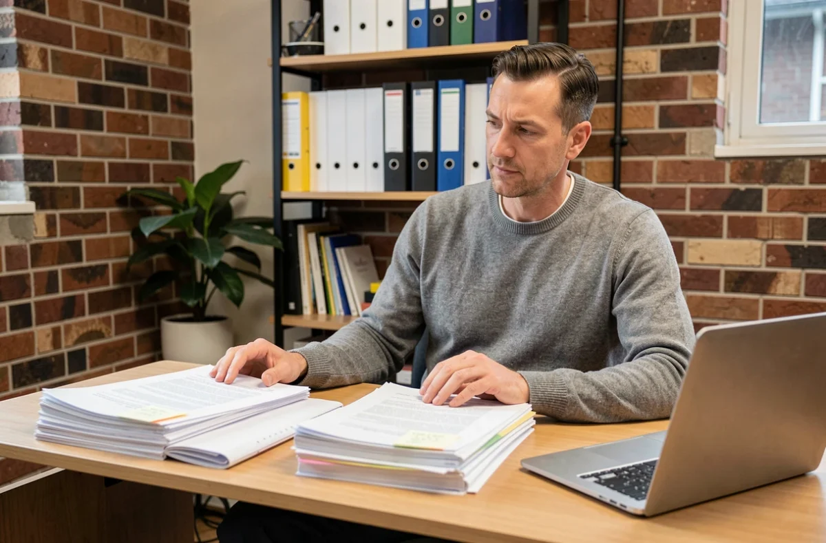 Entrepreneur analysant les activités principales et secondaires de son entreprise avec des documents sur son bureau