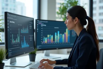 Analyste marketing féminine examinant des tableaux de bord d'investissements publicitaires sur deux écrans dans un bureau moderne