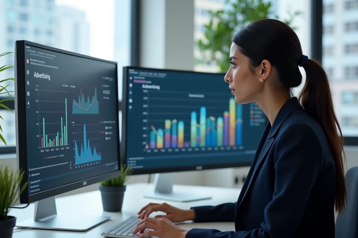 Analyste marketing féminine examinant des tableaux de bord d'investissements publicitaires sur deux écrans dans un bureau moderne
