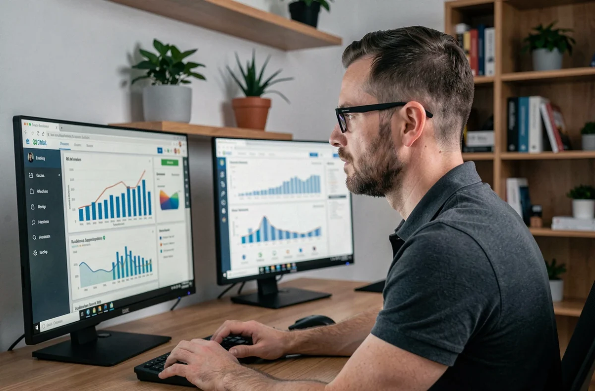Spécialiste média analysant des tableaux de bord de retour sur investissement publicitaire sur double écran en agence