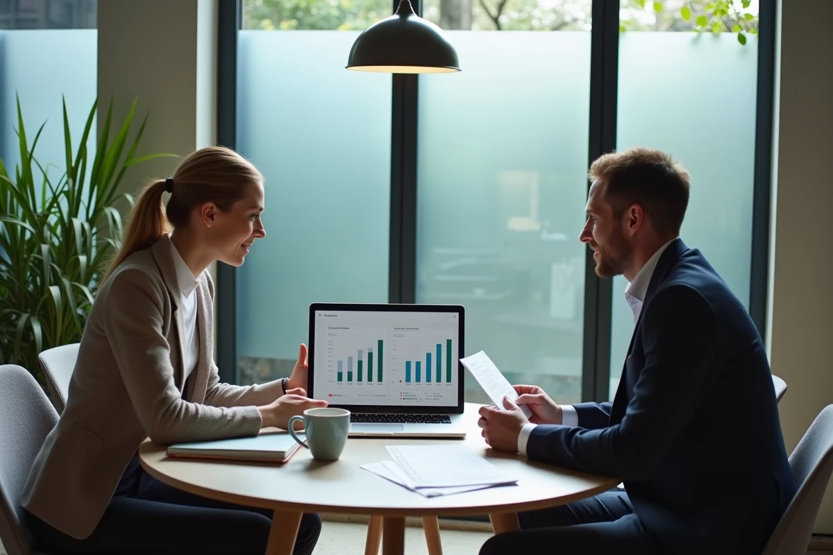 Deux propriétaires de gîtes analysant des statistiques de location et de revenus locatifs sur ordinateur portable en réunion professionnelle