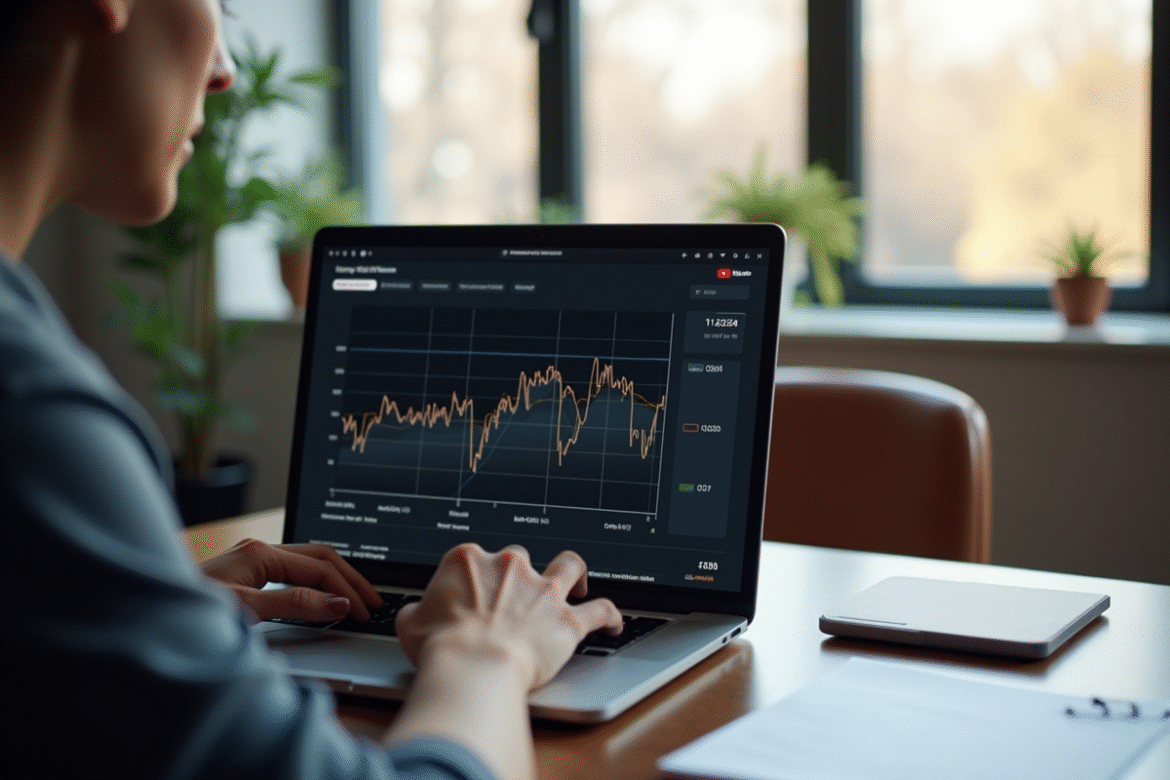 Personne analysant statistiques YouTube sur un ordinateur moderne