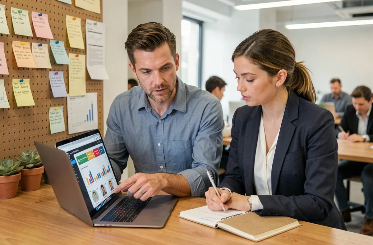 Deux professionnels marketing et ventes analysant ensemble un tableau de bord d'impact consommateur sur ordinateur portable