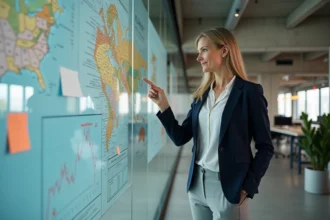 Analyste économique étudiant des indicateurs territoriaux sur un mur de données dans un bureau moderne
