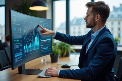 Jeune homme d'affaires analysant des graphiques à Lyon