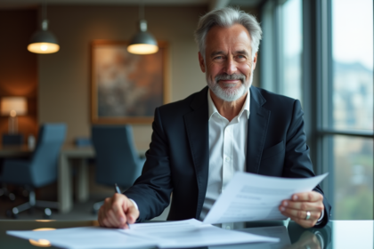 Animateur TV français en costume élégant dans un bureau moderne