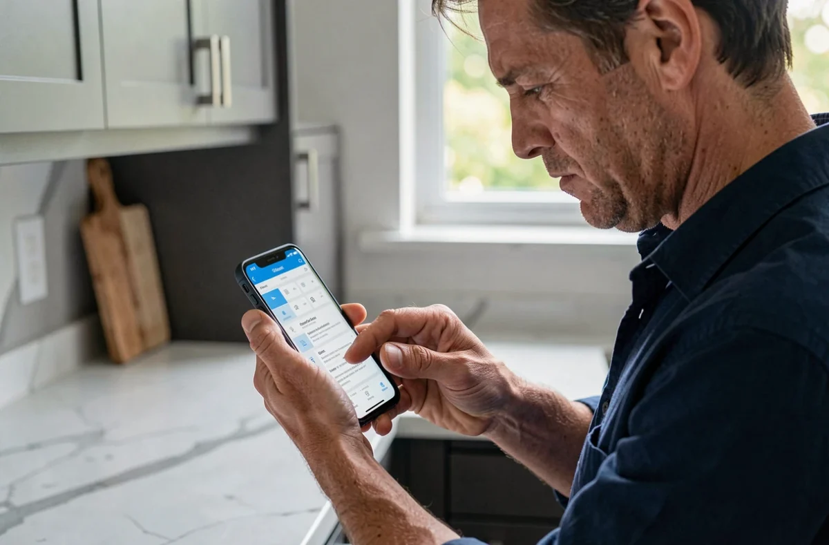 Homme utilisant l'application Coffreo sur smartphone depuis chez lui