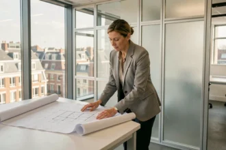 Architecte étudiant les plans d'une salle de réunion modulaire démontable dans un bureau moderne à Lille