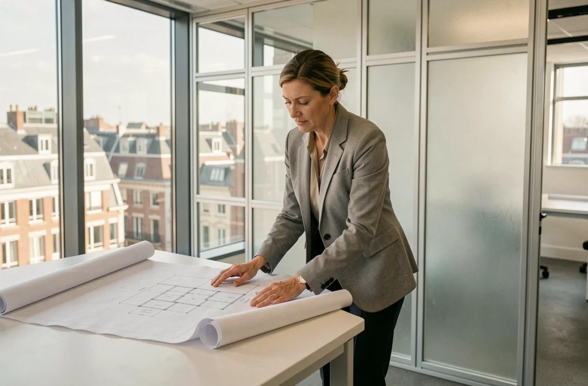 Architecte étudiant les plans d'une salle de réunion modulaire démontable dans un bureau moderne à Lille
