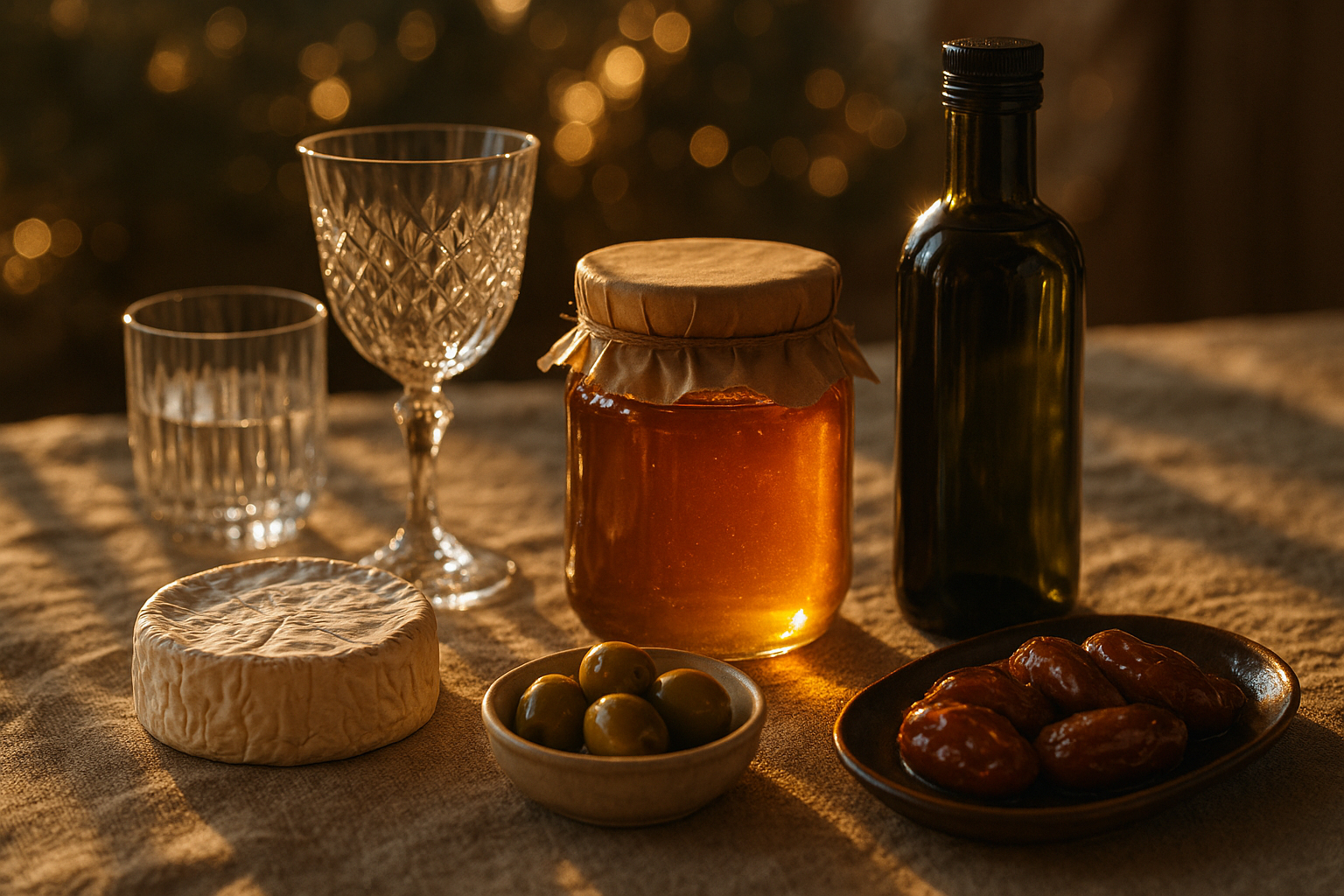 Arrangement de produits artisanaux sur lin avec lumière dorée et décorations