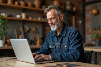 Artisan homme en atelier travaillant sur son ordinateur