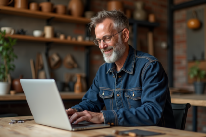 Artisan homme en atelier travaillant sur son ordinateur