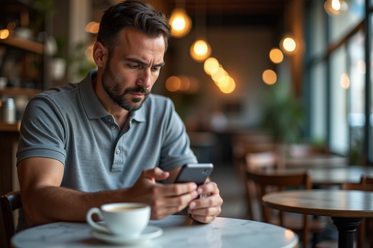 Artisan consultant son profil Batiav sur smartphone dans un café